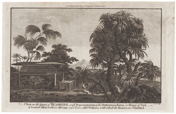 A View in the Island of Huaheine, with Representations of the Ewharra no Eatua, or House of God, of a small altar with its offering, & of a Tree, called Owharra, with which the Houses are Thatched